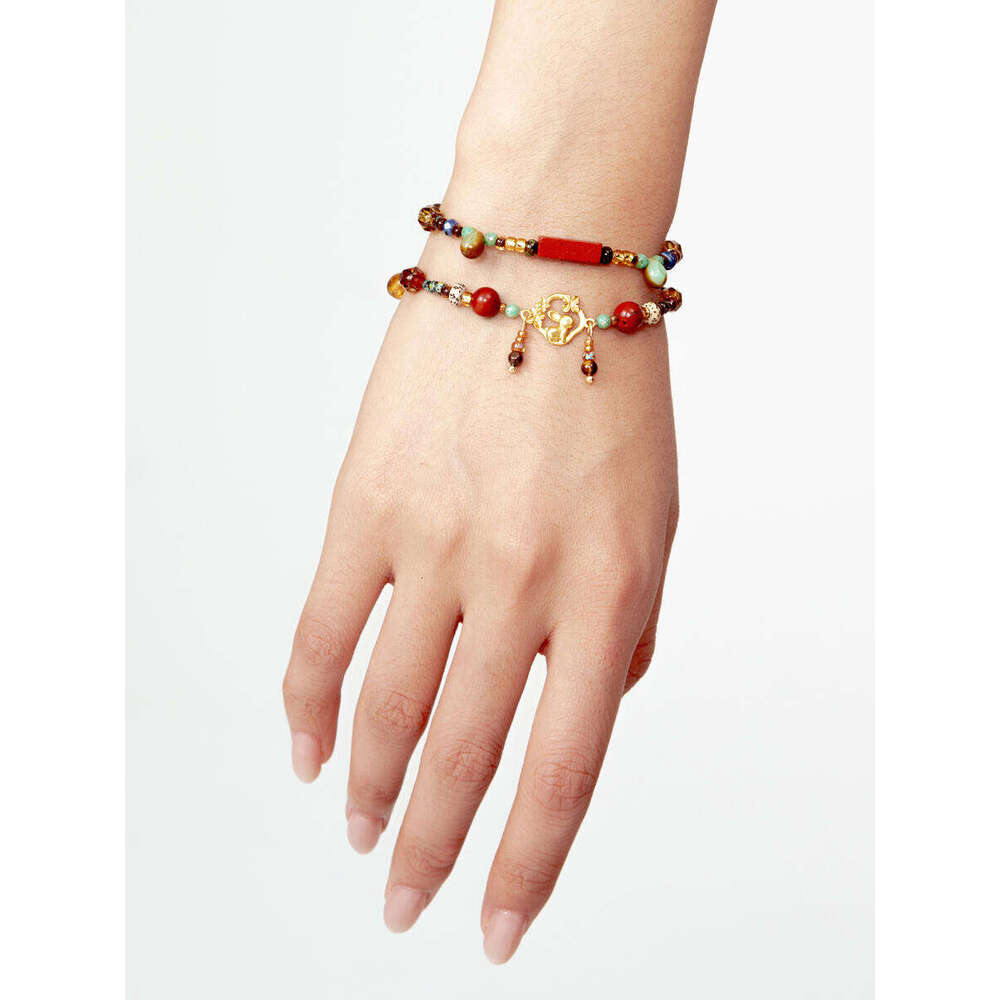 DHcollections Dunhuang Original S925 Gold-Plated Bracelet | Chinese Agate Bead String | Retro Red Brown Ethnic Style Animal Charm Bracelet