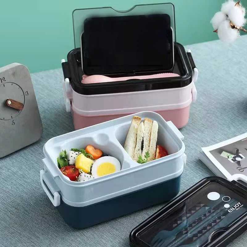 1400ml Double-layer Lunch Box Cpartment Food Box Portable Microwave Lunch Box with Fork Chopsticks and Spoon Picnic Fresh H251213