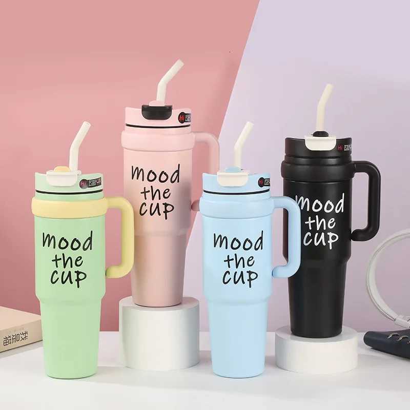 1000ml Thermos Beer Stainless steel insulated cup double-layer vacuum giant car cup large capacity straw ice cream cup wholesale H251215