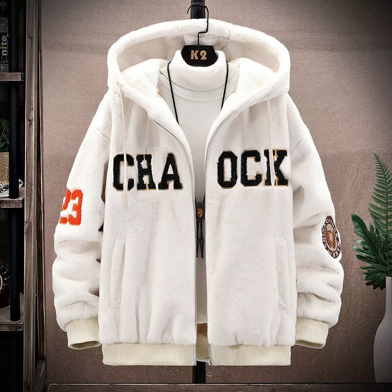 Men's Sherpa-Lined Padded Jacket - Autumn/Winter Trendy Stand-Up Collar Faux Mink Fleece Thickened Plush Outerwear for Teens