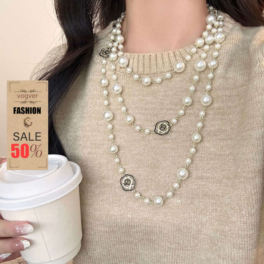 Necklace for Women Designer Luxury 2026 Long Camellia Pearl Necklace Niche High-End Multi-Layer Stacking Sweater Chain Accessory