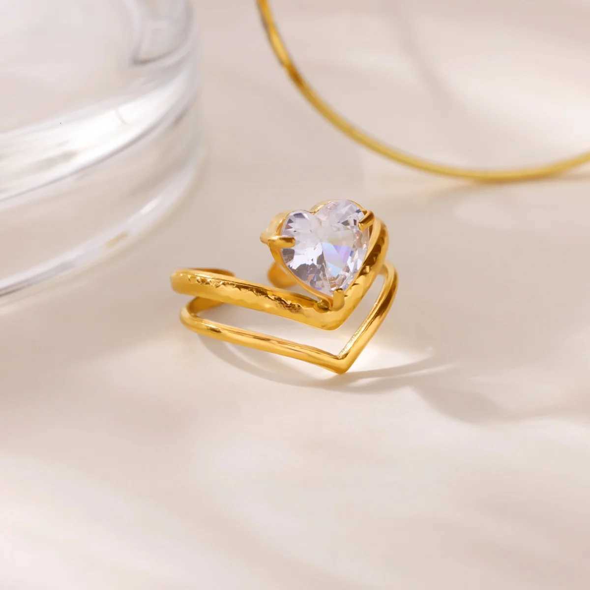 Zircon Butterfly Heart Rings for Women Girls Gold Color Stainless Steel Open Ring Trendy Luxury Aesthetic Jewelry 2025 Style M251215