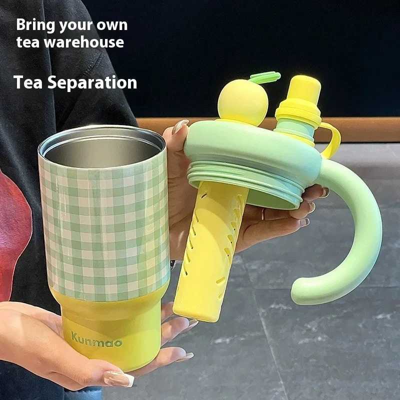 New Coffee Cup for Girls High Appearance Level Checkered InS-style Straw Cup Stainless Steel Portable Handle Insulated Cup H251215