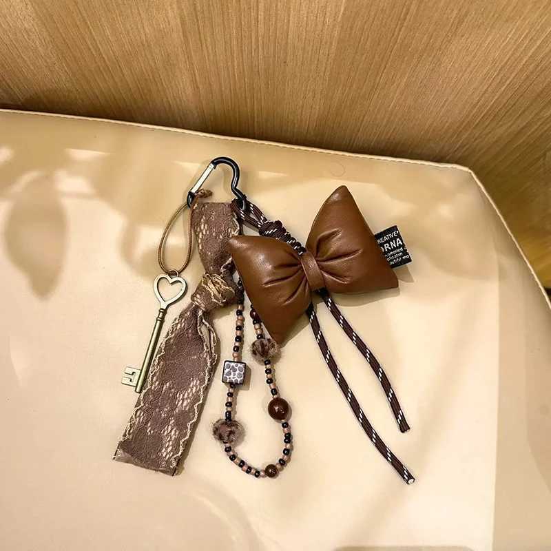 Modern Leather Bow Design Keychain Bag Decors Coffee Colored Fashion Bag Pendant Charm Ornament Women Hanging Accessory M251215