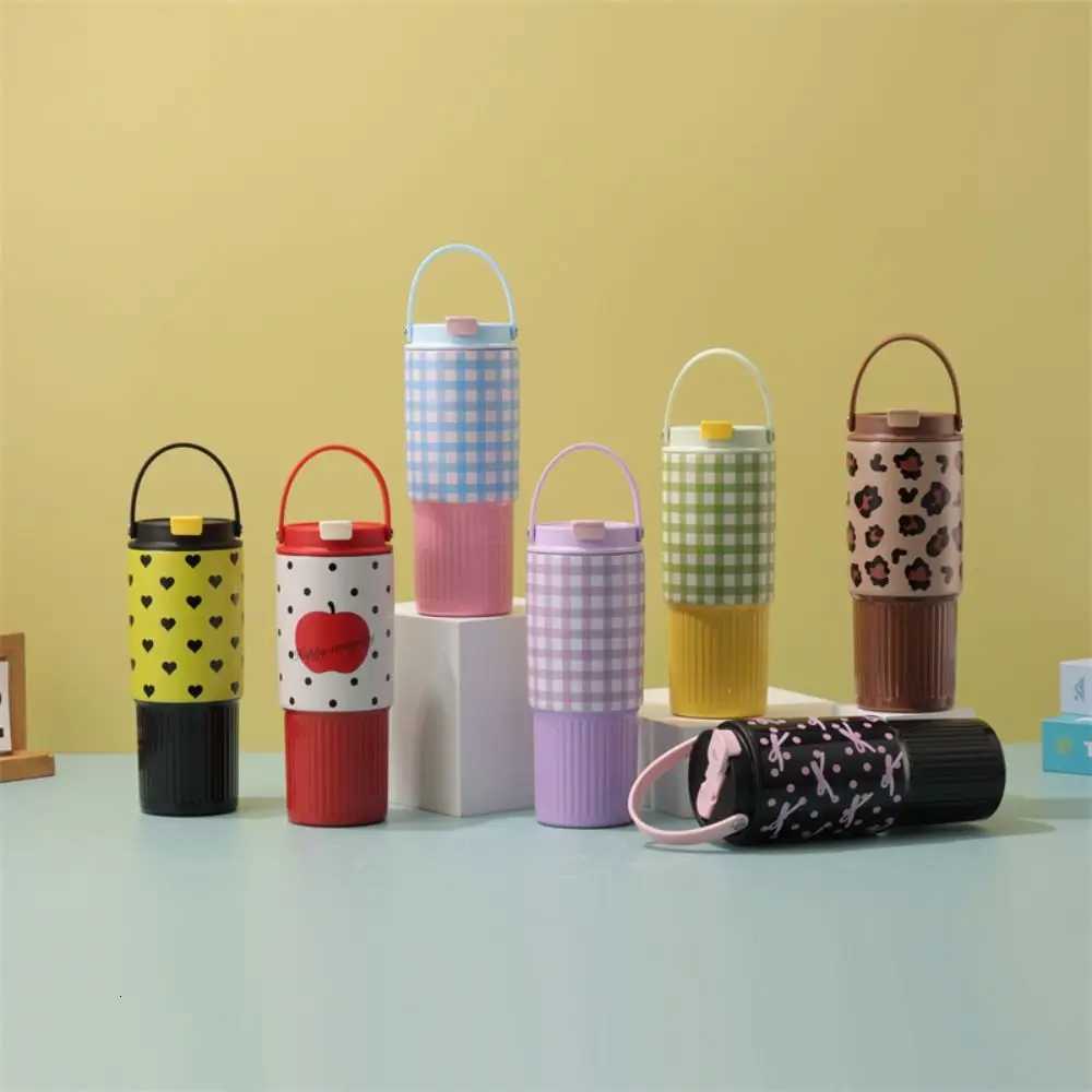 800ML Stainless Steel King Cup With Handheld Insulation Or Cooling Vacuum Straw Cups Bow Love Grid Print Insulated Cup H251215