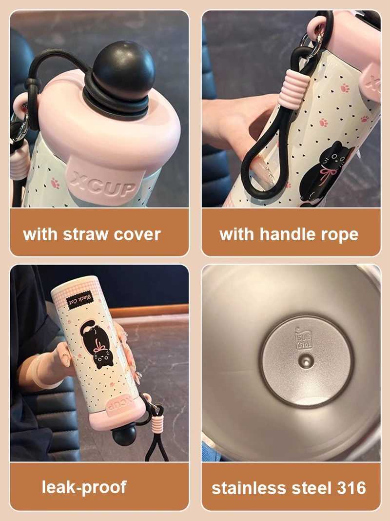 Kawaii Cat Thermal Cup Cute Stainless Steel Thermos Bottle For Tea Coffee 600ml Portable Water Bottle With Straw For Girls Woman H251215