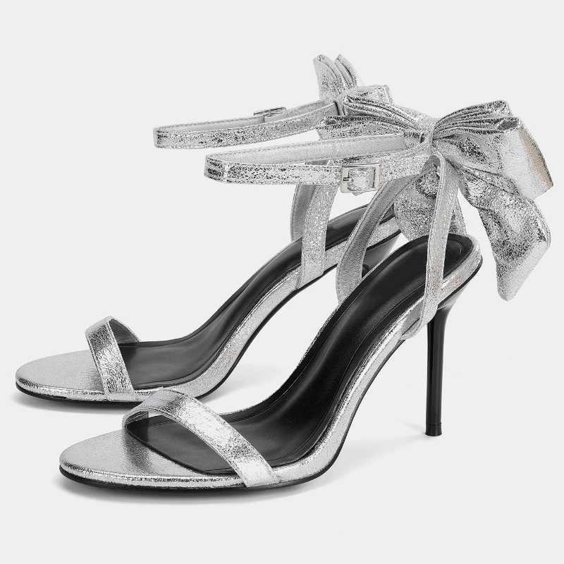 Elegant Bow Embellished Branded Heeled Sandals Women Silver Ankle Buckle Designer Shoes Luxury Wedding Bridal Shoe Zapatos Mujer Z251211