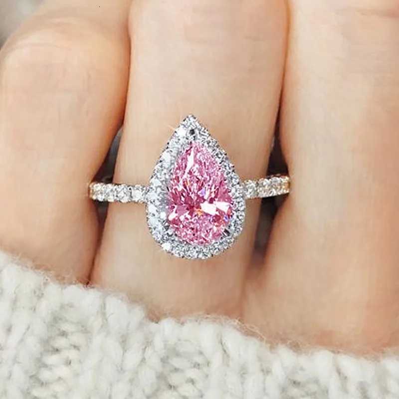 Huitan Pink/Crystal Waterdrop Cubic Zircon Rings for Women Classic Design Eternity Wedding Engagement Rings Silver Color Jewelry M251215
