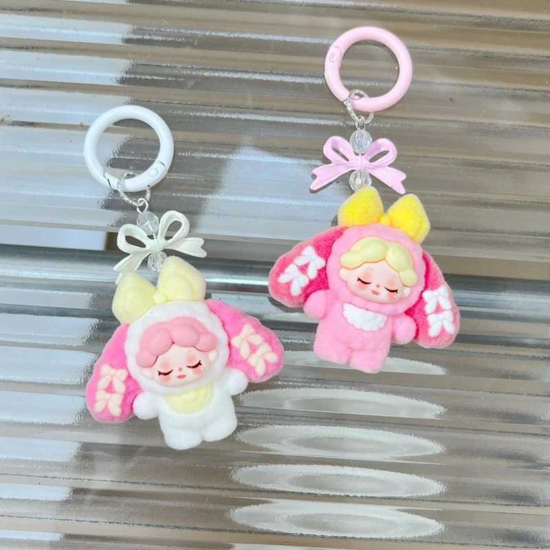 Mini Three Flocking Keychain Trendy Blind Box Figures Key Chain Kawaii Dora Wendy Doll Keyring Bag Charms Christmas Gifts M251215