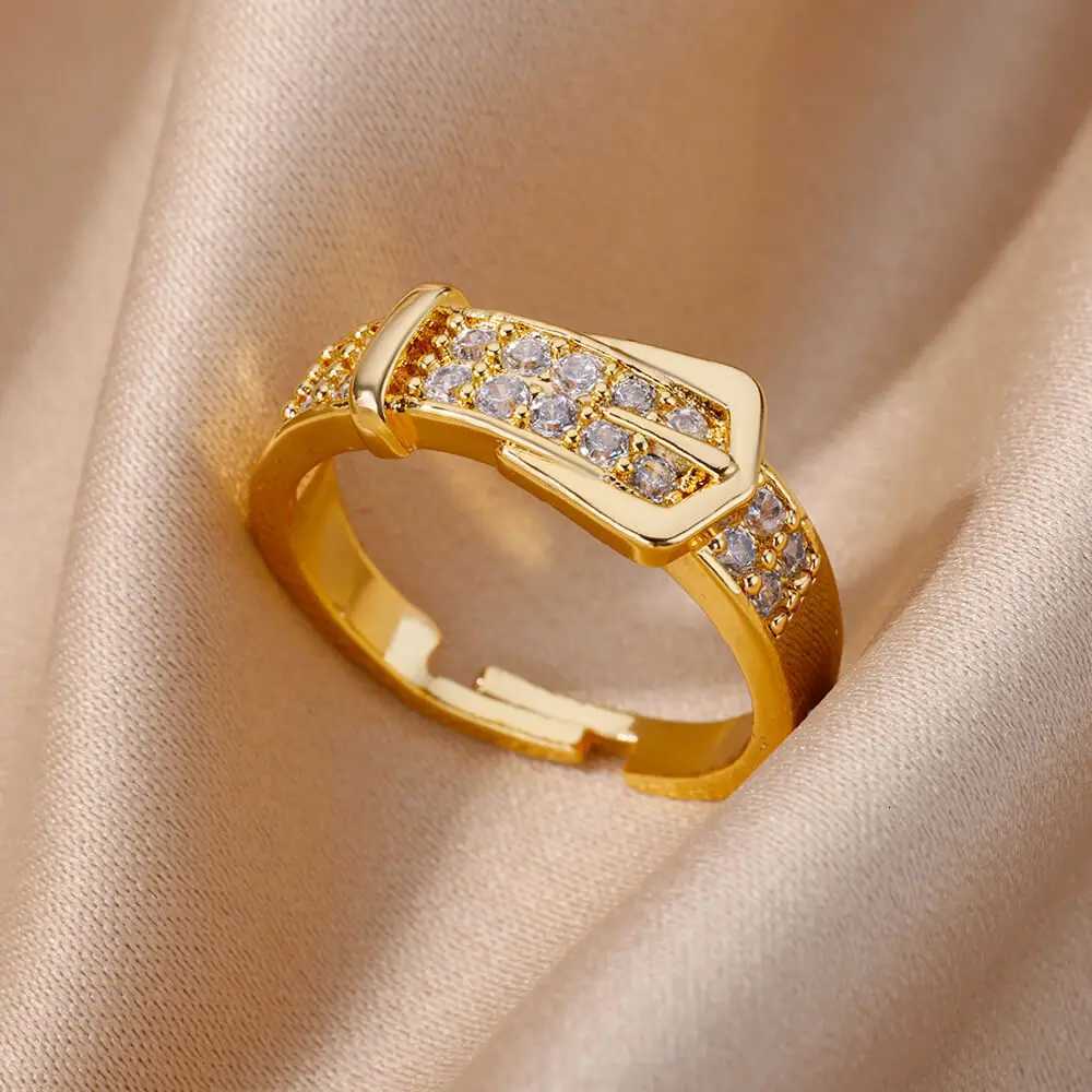 Fashion Chain Hollow Out Rings For Women Gold Color Stainless Steel Zircon Cross Open Ring Trendy Wedding Aesthetic Jewerly Gift M251215