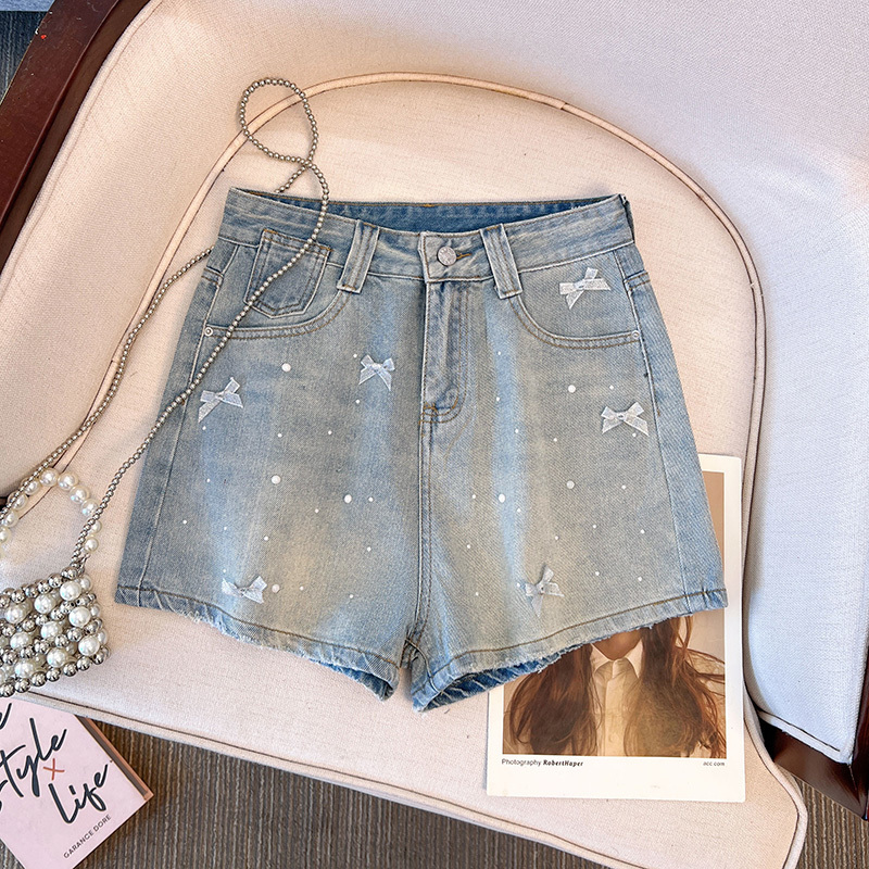 Denim Shorts with Bow and Diamond n for Women High Waists 250224