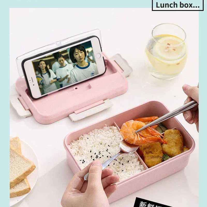 Microwave Lunch Box Wheat Straw Dinnerware with Spoon Chopsticks Food Storage Container Children Kids School Off Bento Box H251213
