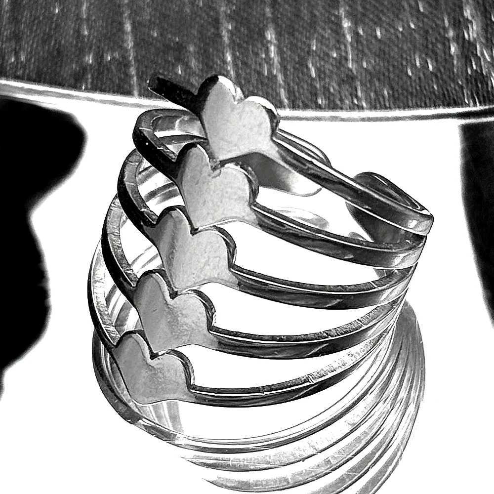 Hiphop Luxury Heart Open Ring For Women Men StainlESS Steel Silver Color Party Fashion Adjustable Finger Jewelry AccESSory M251215