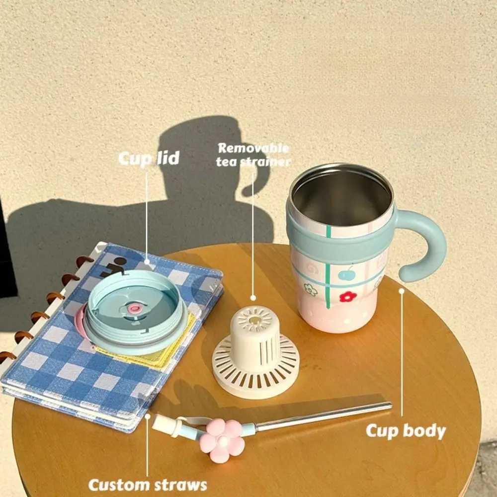 Fashion 700ML/1200ML Insulated Cup Cartoon Stainless Steel Drinking Straw Cup with Handle Large Capacity Car Coffee Mug H251215