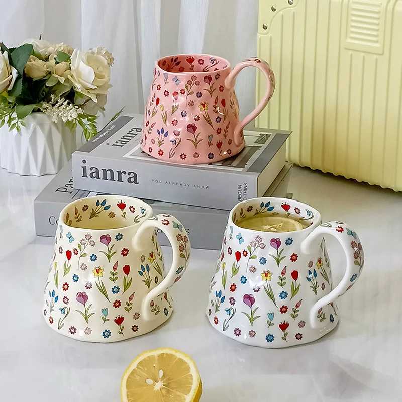 Ceramic Coffee g with Floral Design French Retro Water Cup for Girls Household Off Milk Coffee Broken Flower Cup New H251215