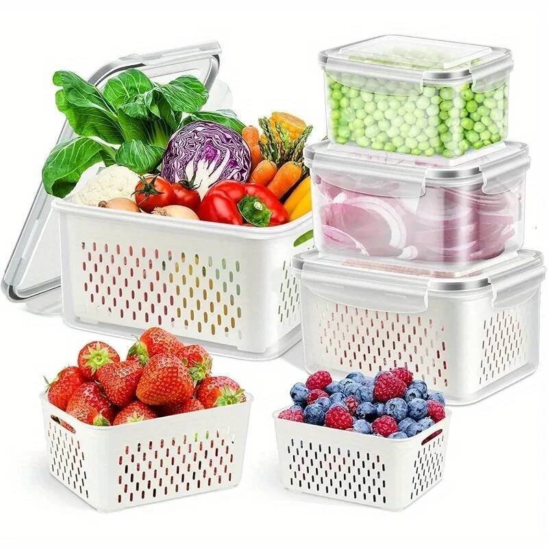 Fridge Food Container Set Lids With Strainer,Plastic Fresh Produce Saver Vegetable Fruit Meat Storage Organization
