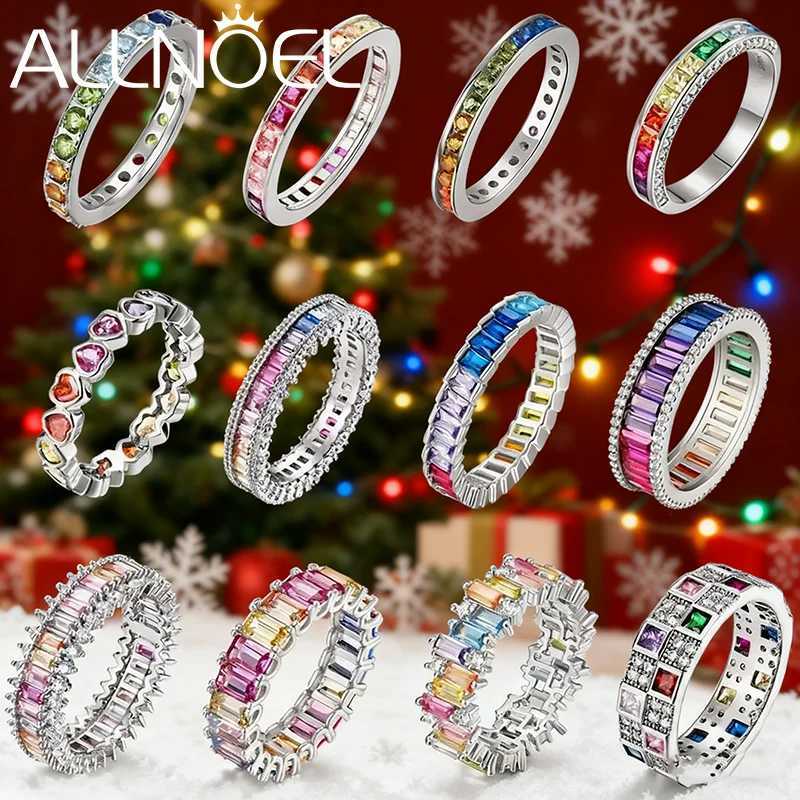 ALLNOEL Hot Sale 925 Silver Stackable Rainbow Band Ring For Women Girl Original 925 Silver 5A Zircon Rings Brand Jewelry Gift M251215