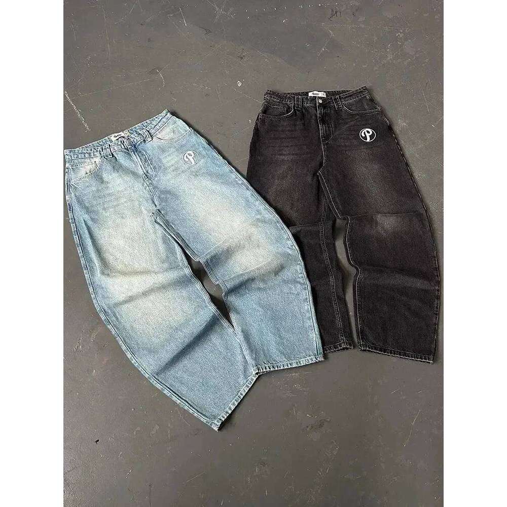 Y2K Protect Streetwear Hip Hop Mens Pants Harajuku Letter Embroidery Vintage Blue Baggy Jeans High Waist Wide Leg Trouser C251215