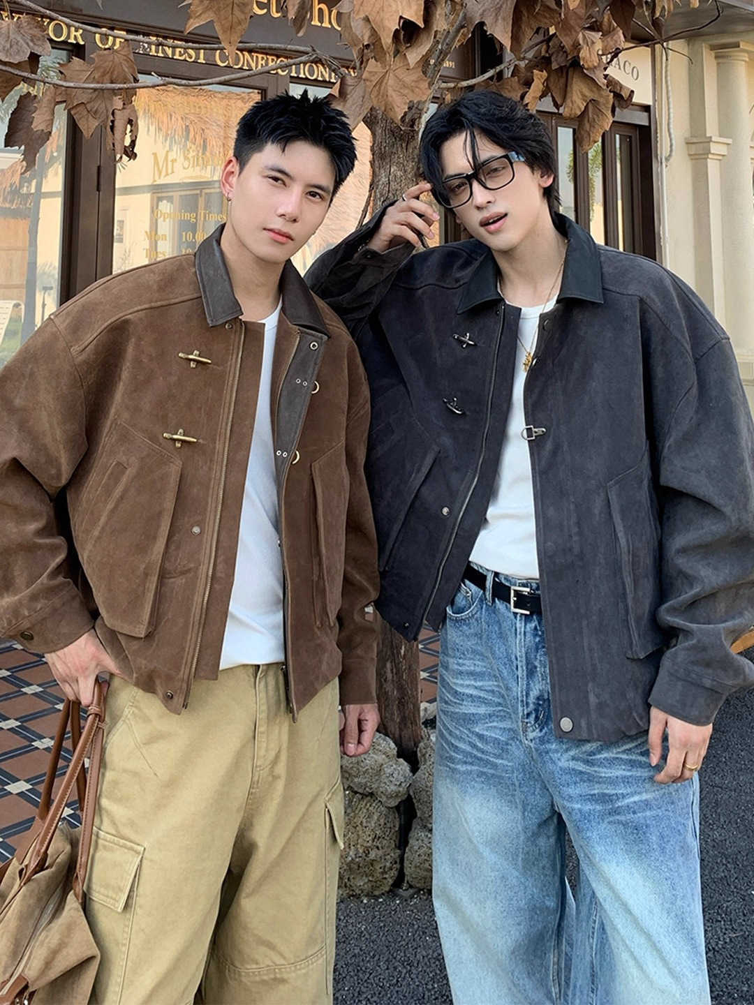 Retro and edgy suede short jacket for men, designed with a high collar and a sense of luxury for autumn and winter L251215