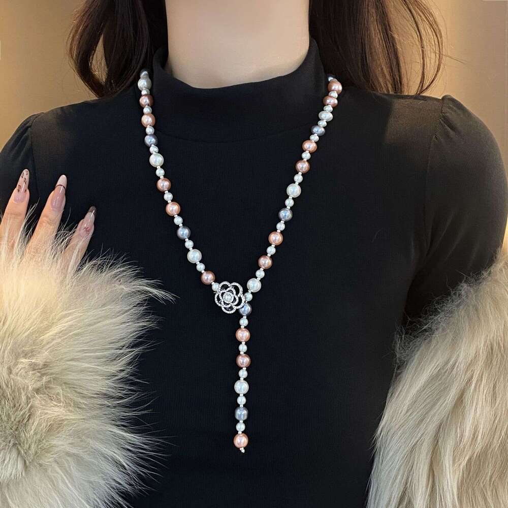 Necklace for Women Designer Luxury 2026 Long Camellia Pearl Necklace High-End Versatile Sweater Chain, Autumn Winter Fashion Clothing Accessory Pendan