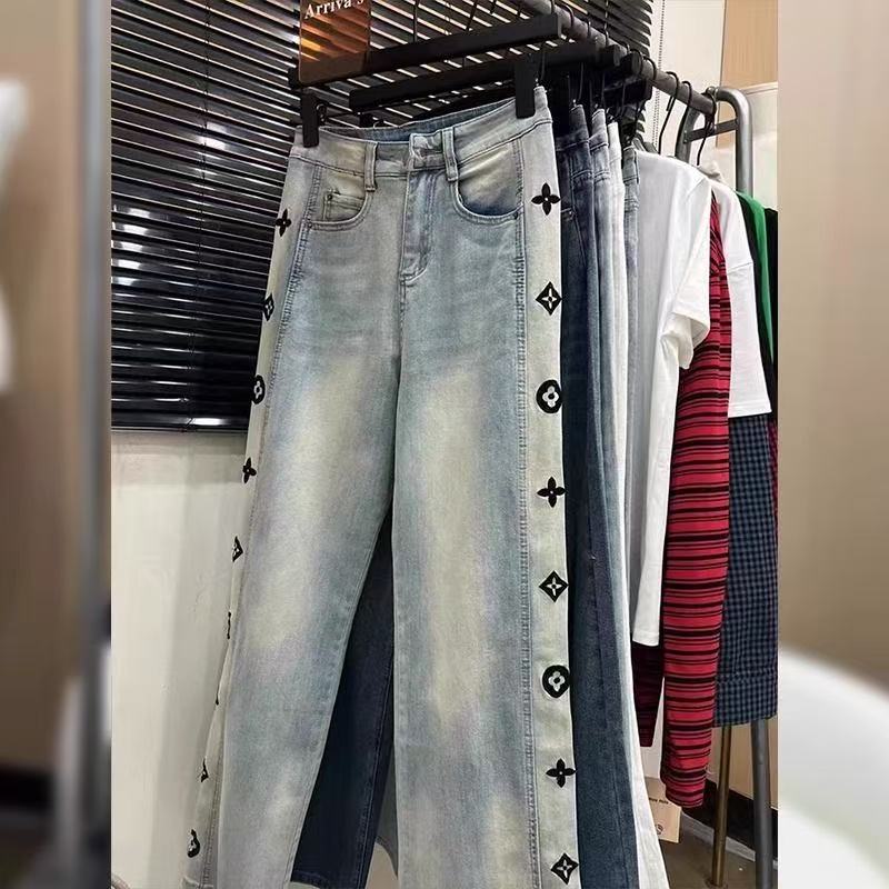 Plus size street clothing retro fashion high waist wide leg trousers letter hip-hop style loose women's jeans can be worn to 200 kg. Z260313