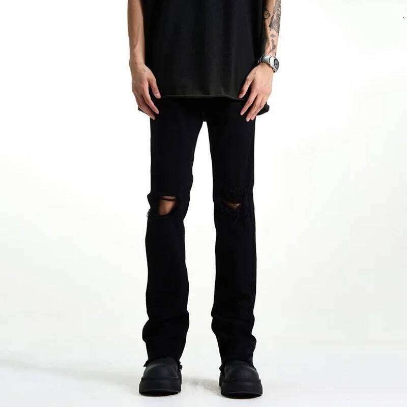 Men Fashion Cool Style High Street Goth Jeans Male Daily Straight Ripped Pants Skinny Casual Bell Bottom Denim Trousers C251215
