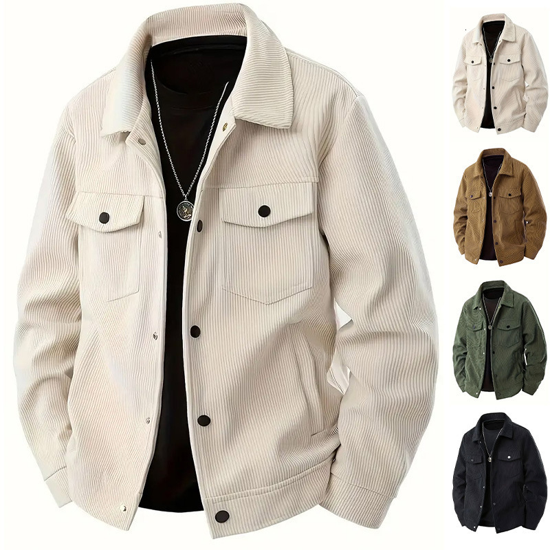 Corduroy SingleBreasted Casual Sports Trend Pocket Jacket Mens TurnDown Collar Long Sleeve Shirt 250218