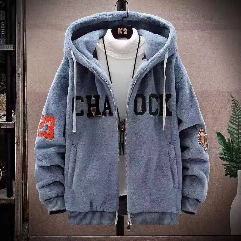 Men's Sherpa-Lined Padded Jacket - Autumn/Winter Trendy Stand-Up Collar Faux Mink Fleece Thickened Plush Outerwear for Teens