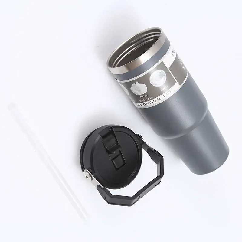 Stainless Steel Thermos Cup with Straw Portable Car Cup Travel Sports Water Bottle Handle Cover Coffee Vacuum Flask 30oz H251215