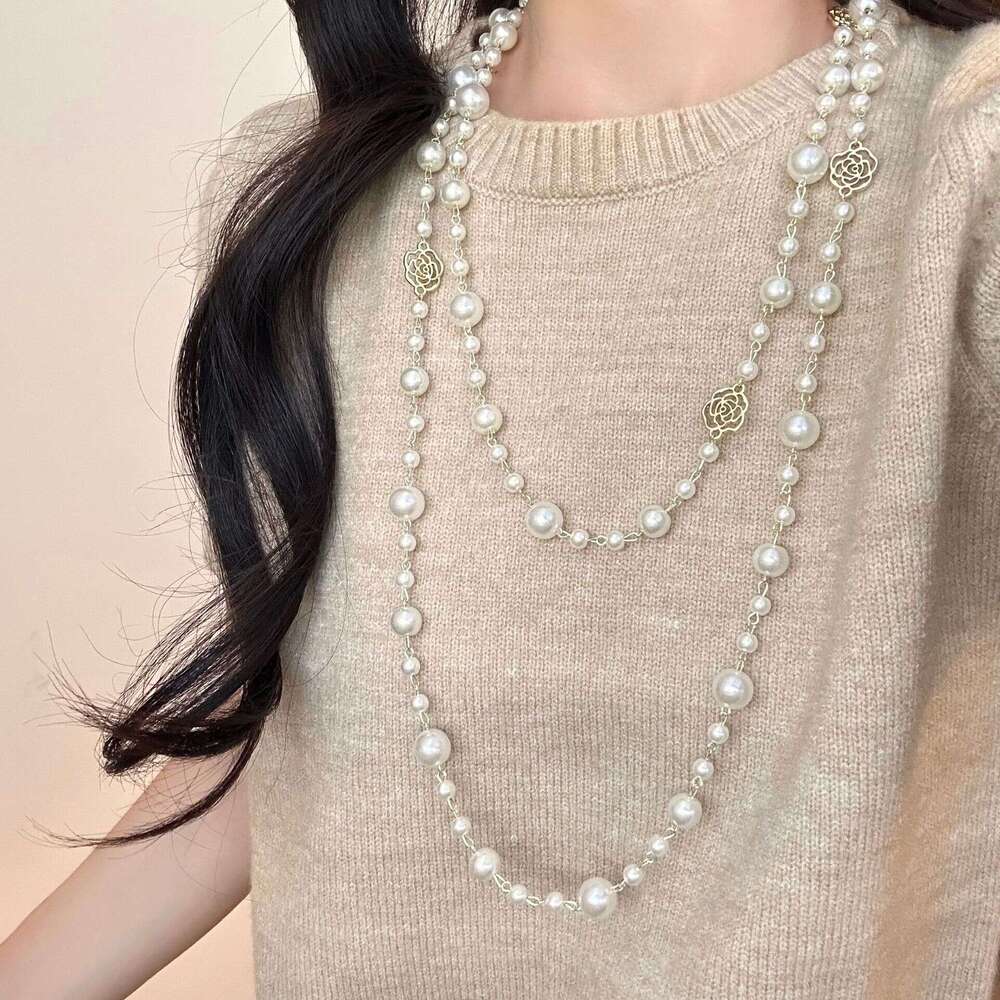 Necklace for Women Designer Luxury 2026 Long Camellia Pearl Necklace Niche High-End Multi-Layer Stacking Sweater Chain Accessory
