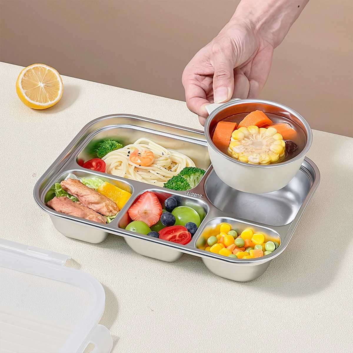WORTHBUY Portable Lunch Box With Cpartment 304 Stainless Steel Bento Box Kids Students Sed Divided Dinning Plate With Lid H251213