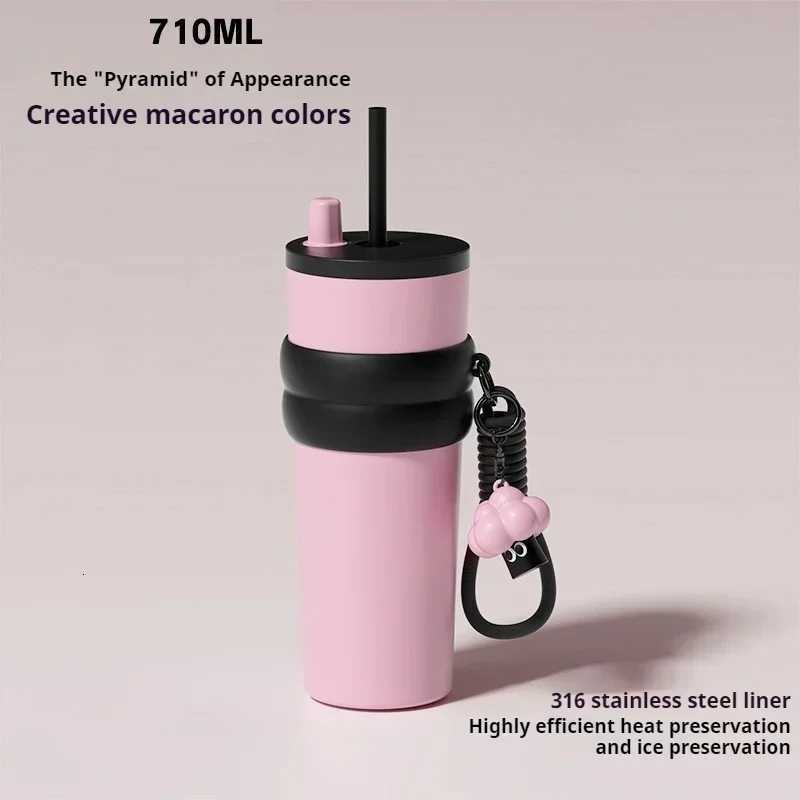 Stainless Steel Thermos Cup Large Capacity Car Coffee Cup Tea Water Bottle Vacuum Flask Portable Cups Cute Straw cup H251215