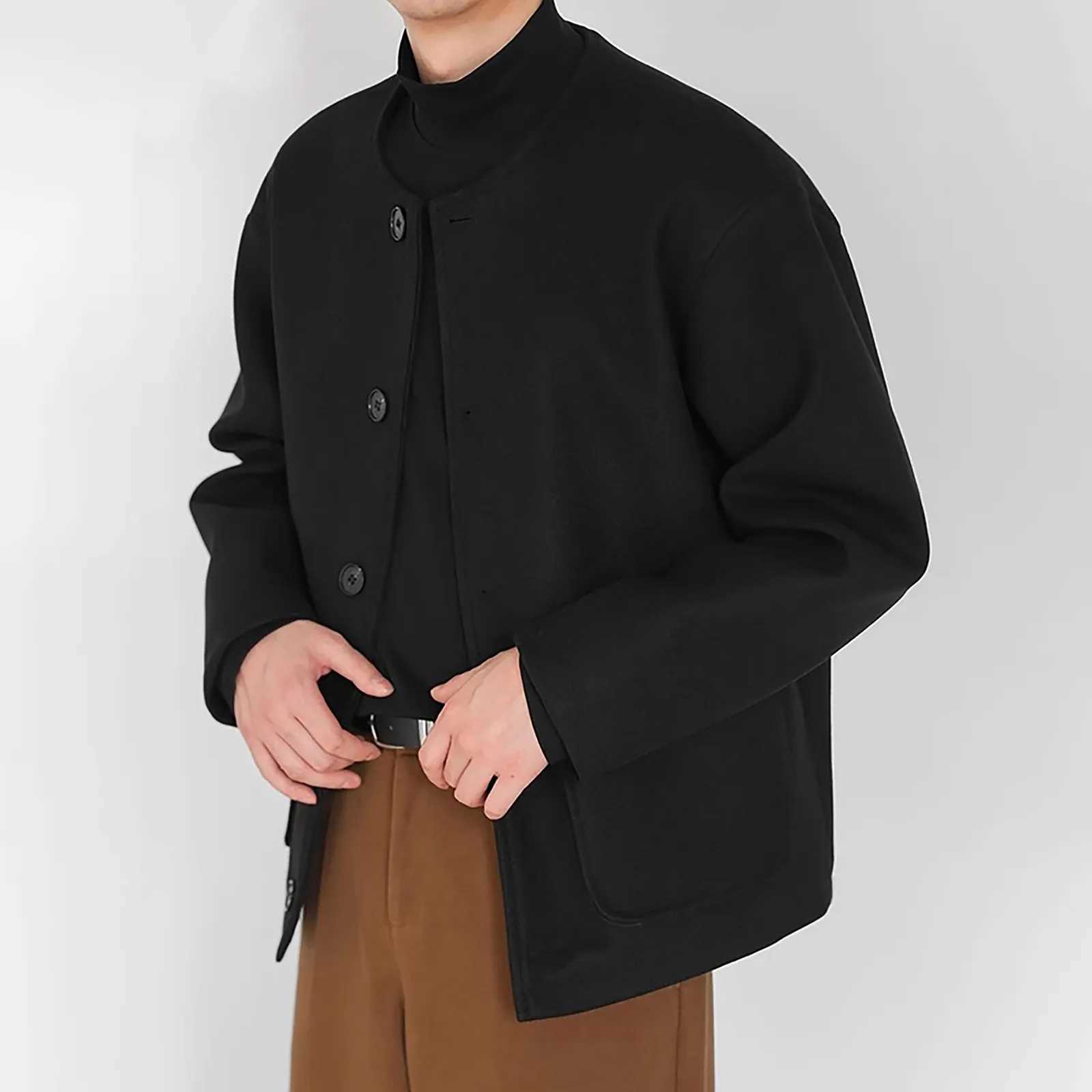 MenS Casual Jacket Design Collarless Loose Silhouette Woolen Solid Color Jacket Windbreaker MenS Jacket H251215 - view 3
