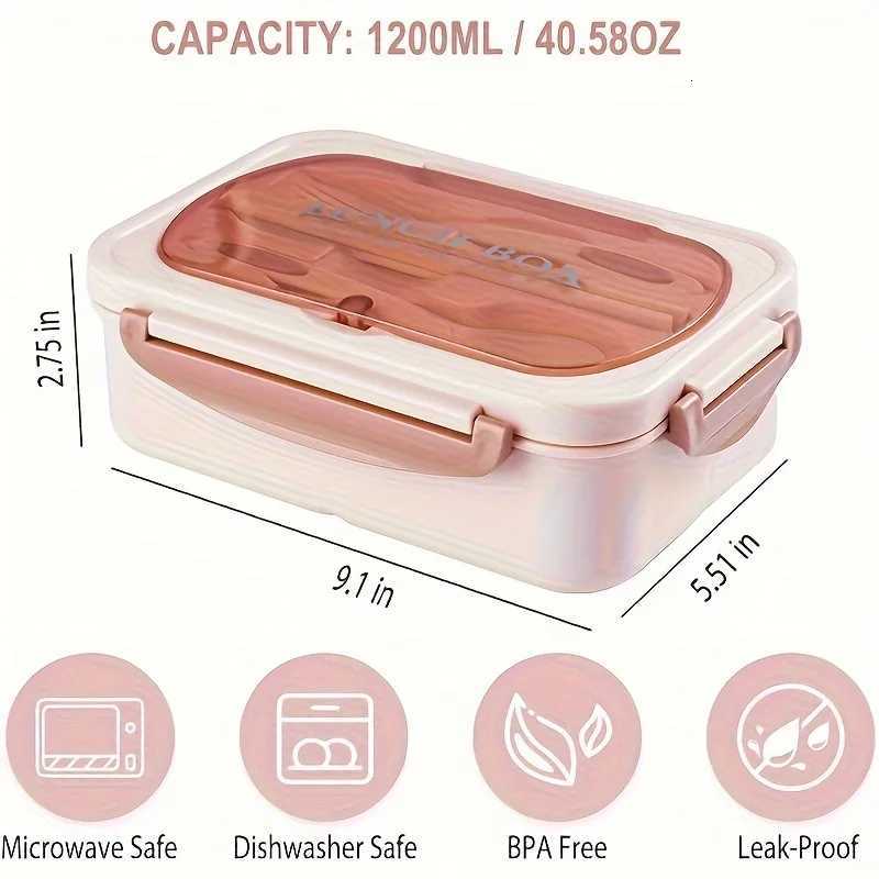 1 Set of 1200ml Large Capacity Leak-Proof Bento Box - Kitchen Dining Storage- 3 Cpartments Microwave Safe With Tableware H251213