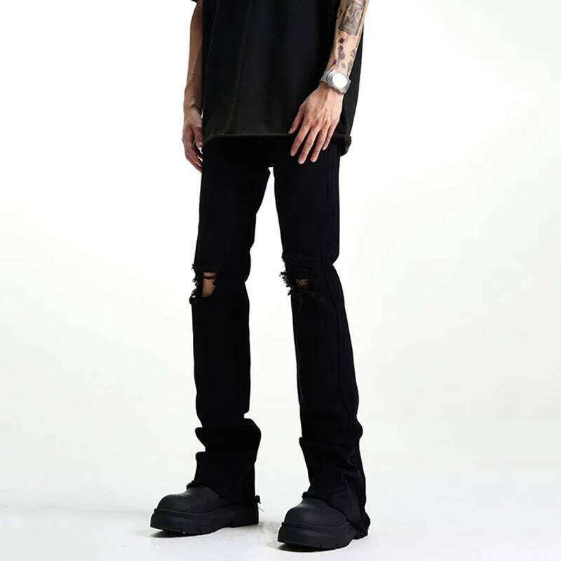Men Fashion Cool Style High Street Goth Jeans Male Daily Straight Ripped Pants Skinny Casual Bell Bottom Denim Trousers C251215