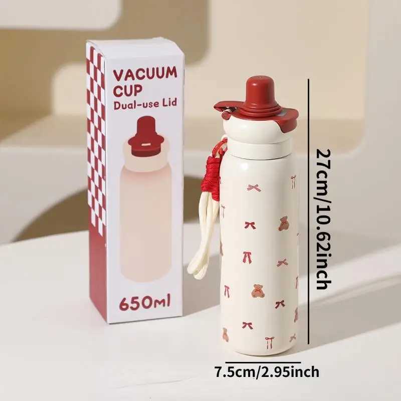 Cute Cartoon Fashion Straw Cup Large Capacity Student Dual Water Bottle Stainless Steel Insulated Flask Bow Bear Pattern H251215