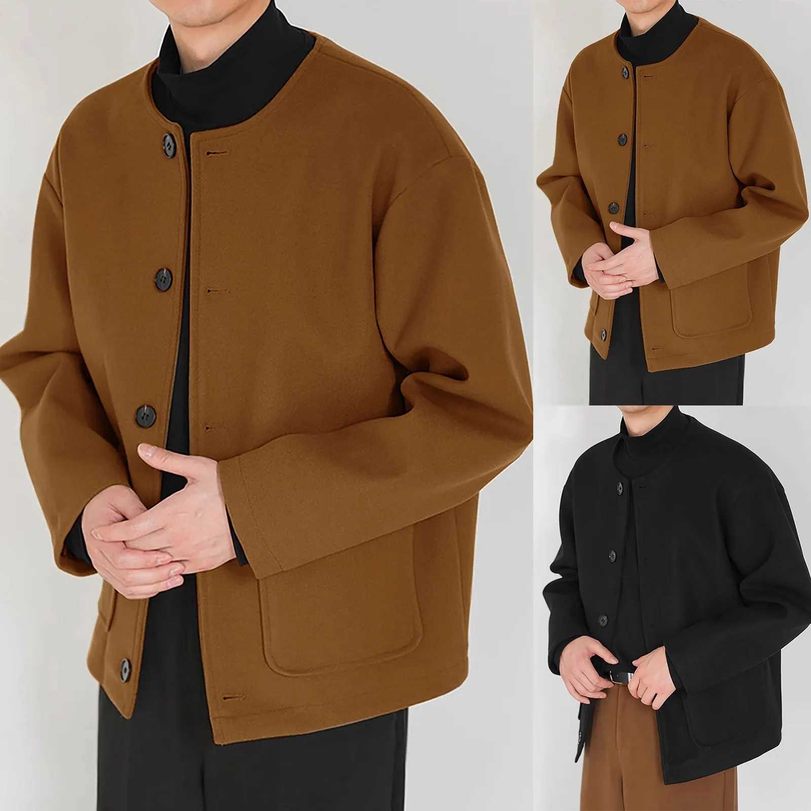 MenS Casual Jacket Design Collarless Loose Silhouette Woolen Solid Color Jacket Windbreaker MenS Jacket H251215 - view 4