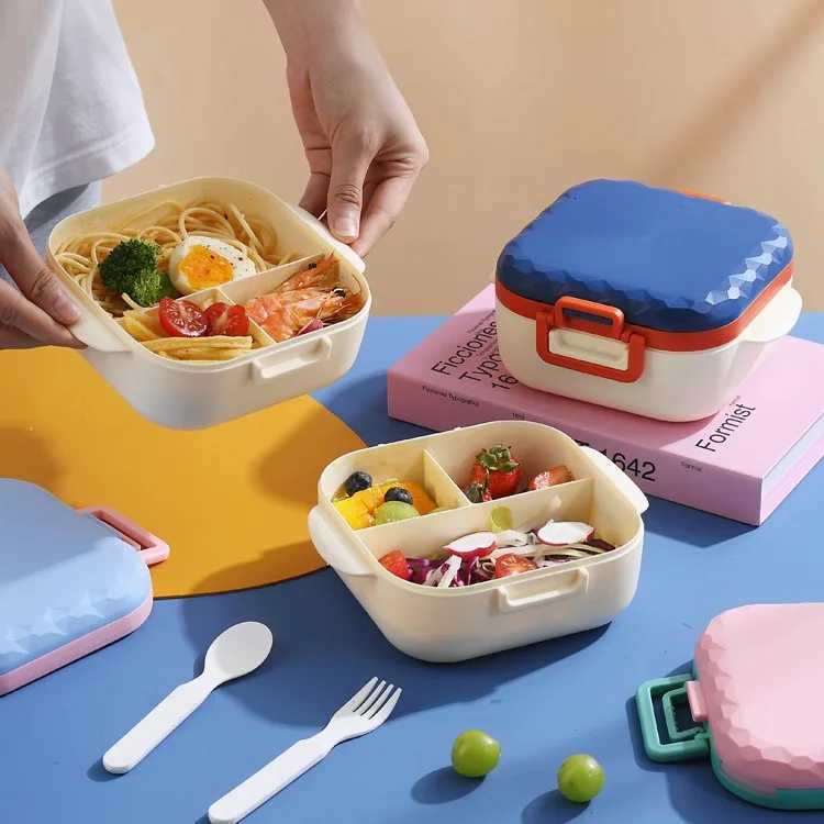 Cute Style Cpartment Lunch Box with Fork Spoon Set No Food Mixing Portable for Outdoors Picnic School Lunch Box for Kids H251213