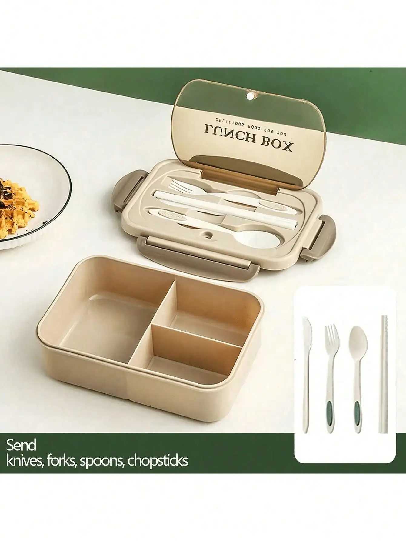 1pc lunch box with two cpartments built-in cutlery set reusable and microwave heated with lid removed suitable for kitche H251213