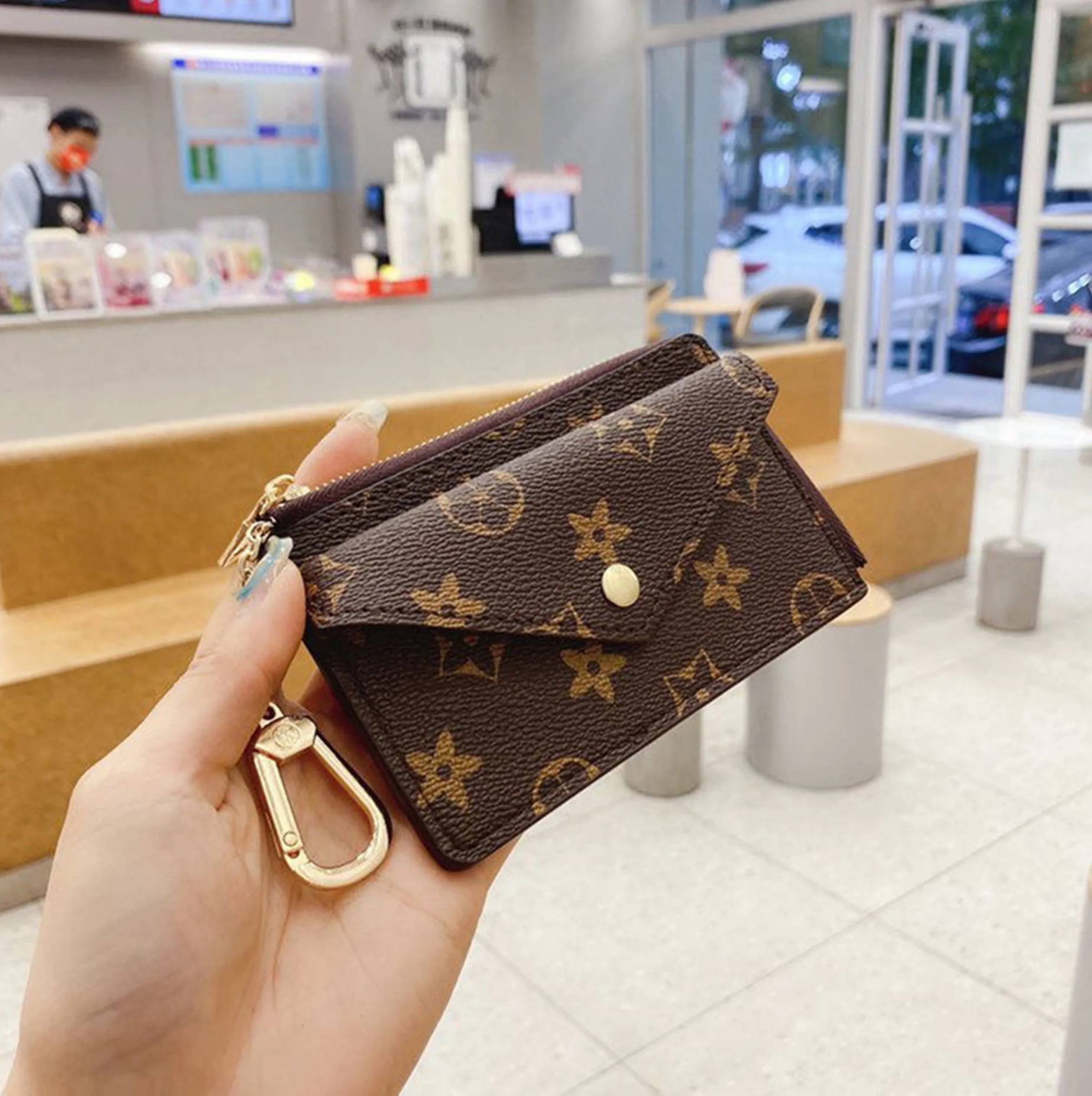 Designer Womens Card Holder Small Zippy Wallets Key Coin Purse Brown Flower Genuine Leather Luxury Mens Designer Wallet Keychain Pouch CardHolder