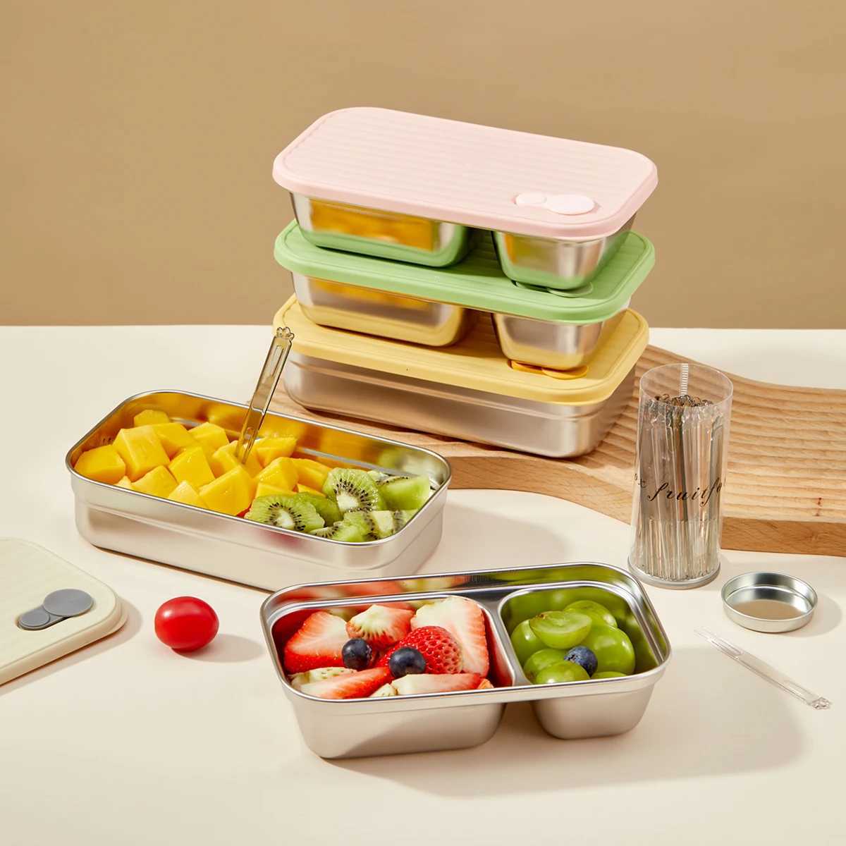WORTHBUY Portable 304 Stainless Steel Lunch Box For Kids Students Travel Picnic Reusable Sed Leak Proof Fruit Salad Bento Box H251213