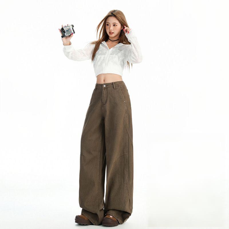 Brown-brown American vintage washed distressed jeans for men and women, loose straight-leg wide-leg pants---6603