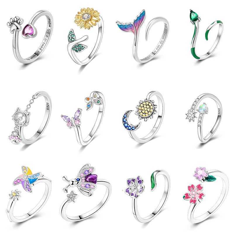 Adjustable Rings 925 Sterling Silver Mermaid Wing Dragon Sunflower Tulip Open Rings For Women Female Original Engagement Jewelry M251215