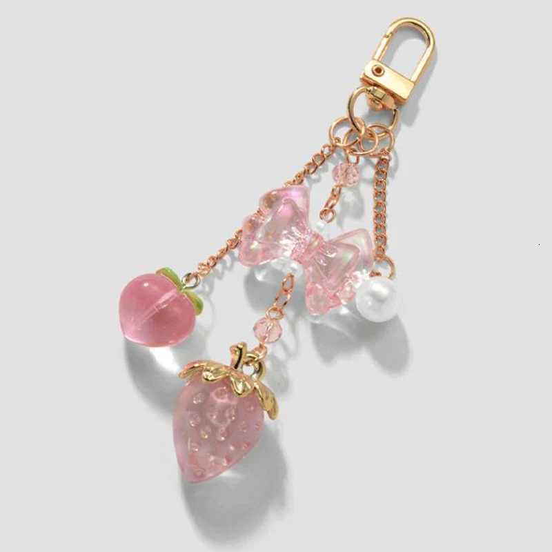 Y2K Bowknot Strawberry Keychain for Women Exquisite Sweet Flower Peach Bag Pendant Cute Romantic Accessorymobile Phone Chain M251215