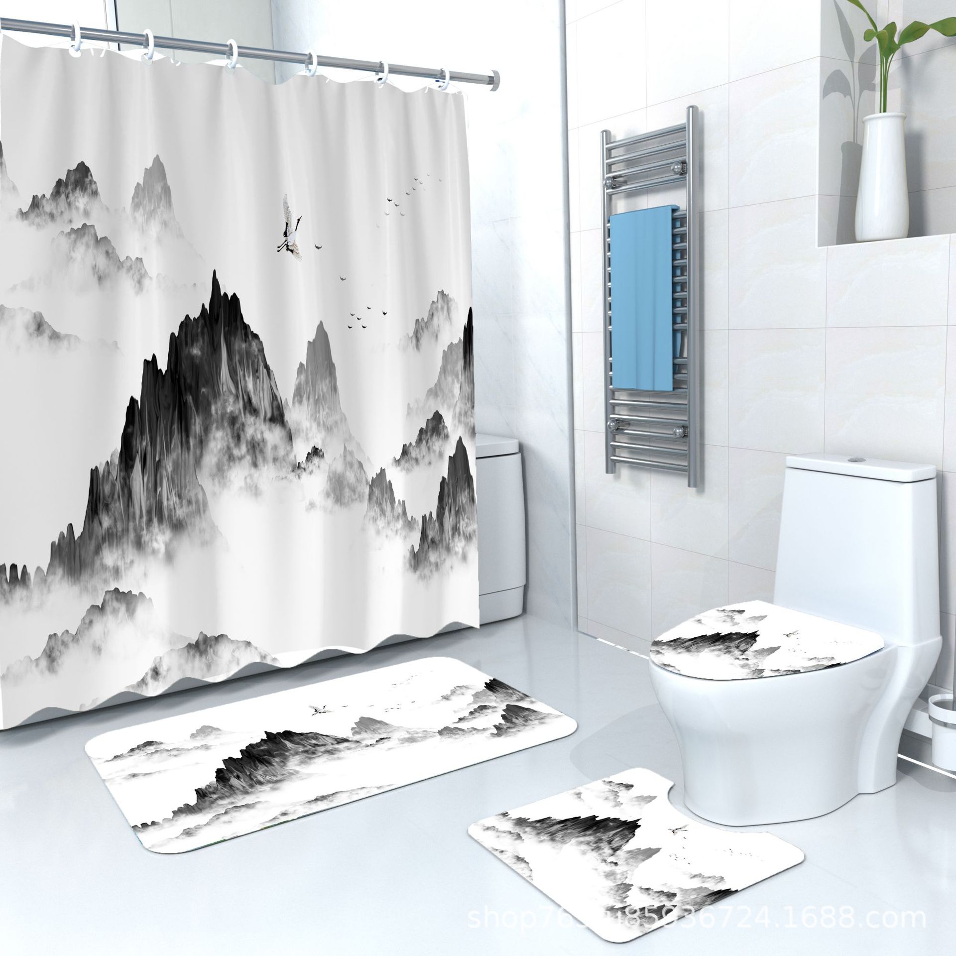 YL-37963 Eco-friendly shower curtain with heat transfer printing, waterproof, includes hooks, in stock.