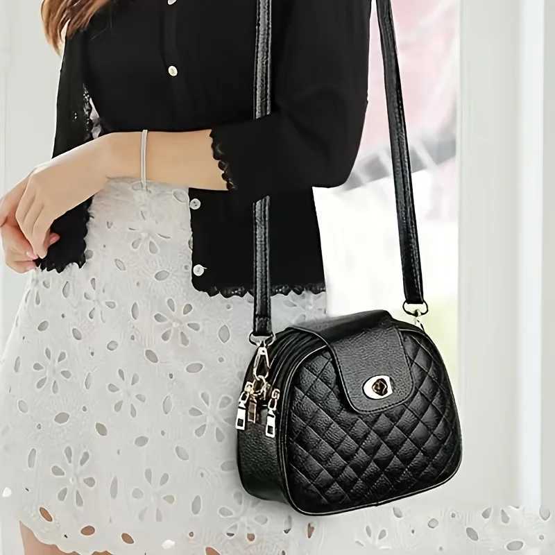 Women Stylish Black Crossbody Bag 3 Compartment Purse with Golden-Tone Hardware Polyester Lining for Everyday Use Work TravelT251215