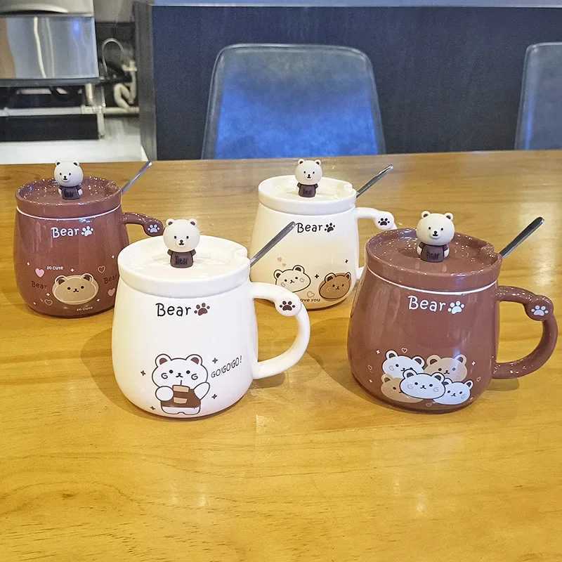 Creative Bear Ceramic gCute Cartoon Coffee gs with Lid SpoonBreakfast Milk Drink CupsCouple Water CupOff Tea Cup Set H251215