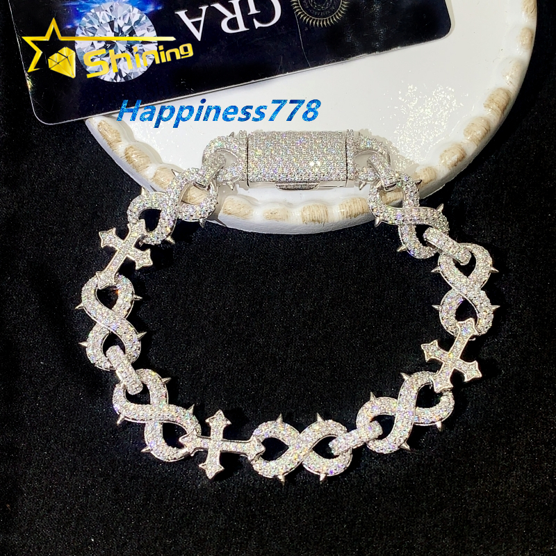 13MM Infinity Style Mens Luxury Bracelet Hip Hop Iced Out 925 Silver Cross Moissanite Cuban Link Bracelet GRA Certificated