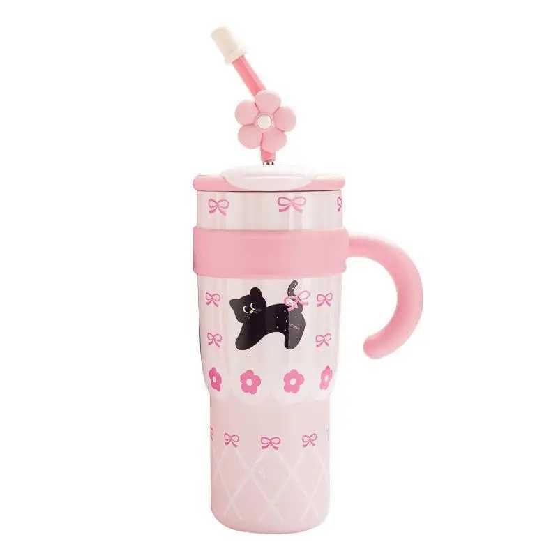 1Pieces 700/1200ml Stainless Steel Thermos Bottle Cute Ins Cat Straw Cup Large Capacity Water Bottle Car Outdoor Tableware H251215