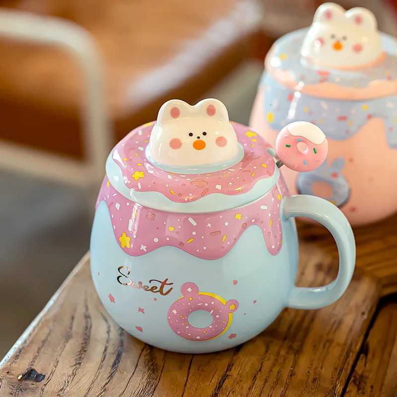 Cute Doughnut gs with Lid and Spoon High Appearance Ll Girls Coffee Cups He and Off Creative Ceramic Drinking Cups H251215